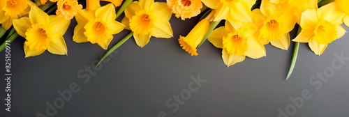 Greetings for Mother's Day with yellow daffodil flowers, Birthday, Women's Day with copy space for design. Top view, flat lay. Generative AI photo