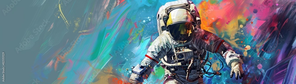 Naklejka premium An astronaut floats through space, surrounded by vibrant colors and stars