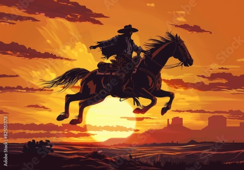 A cartoon-like cowboy in detailed western gear rides a dynamic bucking horse with distinct markings against an action-packed sunset backdrop.