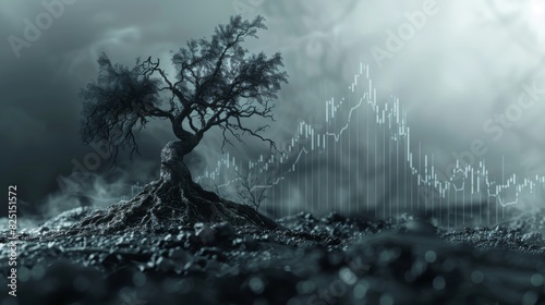 A dead tree with a downward trend graph behind it, representing financial crisis, sharp and vivid, highquality, clear and somber image. photo