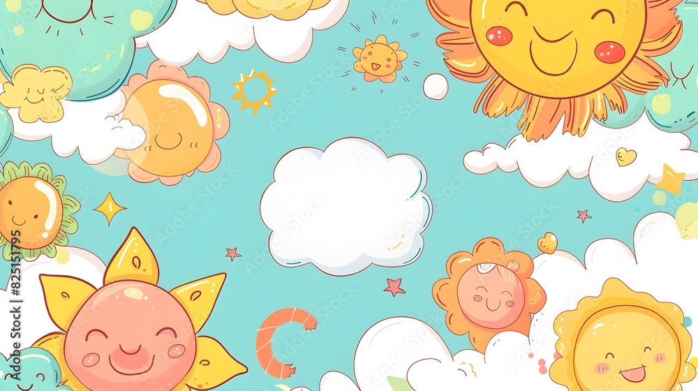 Playful Doodle Background with Smiling Sun and Fluffy Clouds for Children s Day Playful Doodle Background with Smiling Sun and Fluffy Clouds for Children s Day