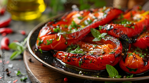 Photo realistic as Glossy Spanish roasted peppers concept as Glossy plate of vibrant roasted peppers drizzled with olive oil and garnished with herbs showcasing a luxurious and fla photo