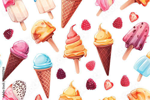 Colorful pattern with ice creams and scattered berries on white background photo