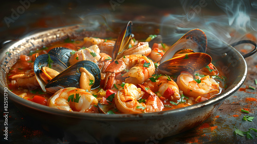 Luxurious Spanish Seafood Stew in a Glossy Bowl with Fresh Herbs