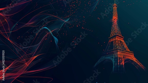 Abstract digital art with Eiffel Tower, vibrant colors and light trails in starry night sky