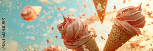 Dynamic ice cream cones exploding with sprinkle and crumb in mid-air against blue sky banner. Panoramic web header. Wide screen wallpaper