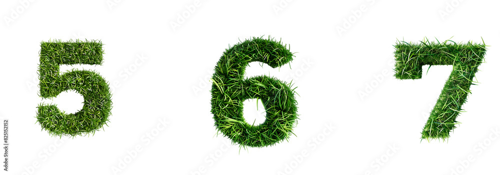 Green grass decorative Alphabet Numbers 5, 6,7 isolated on a transparent or white background, png Green grass decorative Alphabet Numbers 5, 6,7 isolated on a transparent or white background, png