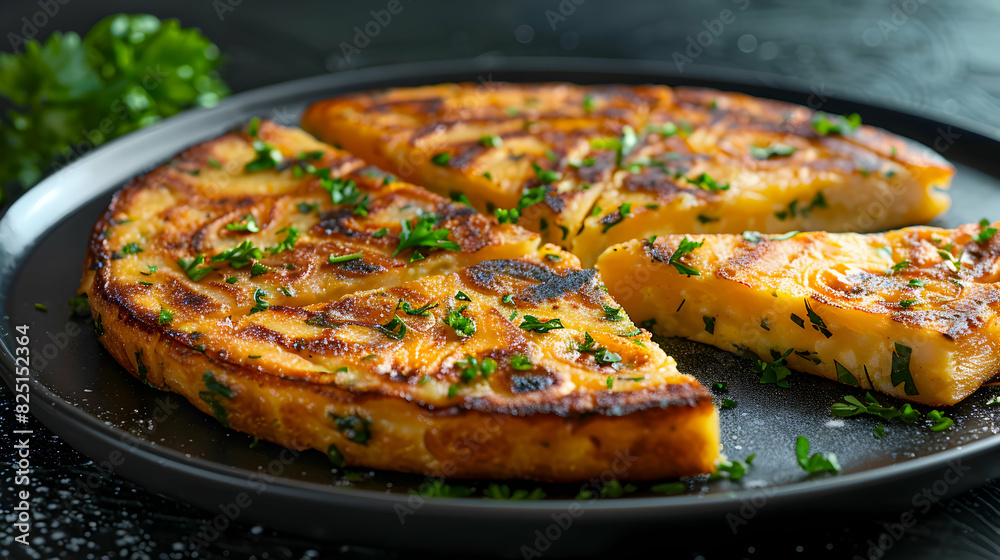 Luxurious Photo Realistic Spanish Tortilla Slices on Sleek Plate with Herbs Luxurious Photo Realistic Spanish Tortilla Slices on Sleek Plate with Herbs