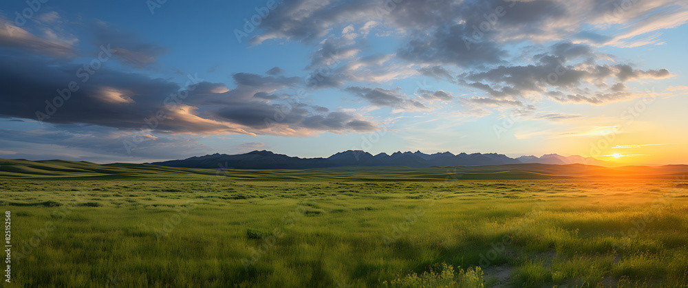 panorama of countryside at sunset in evening light. wonderful springtime landscape in mountains. grassy field and rolling hills. rural scenery
