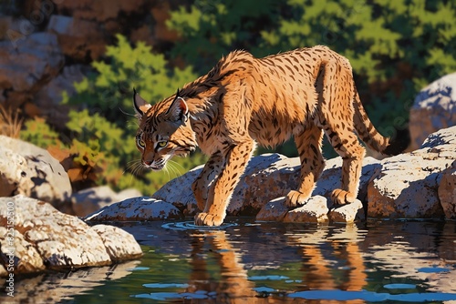 A cat is walking on a rock near a body of water
