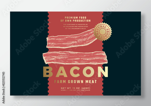 Farm Grown Bacon Food Vector Packaging Label Design Template. Modern Typography Banner, Hand Drawn Ham Meat Sketch Silhouette. Color Paper Background Layout with Gold Foil Isolated
