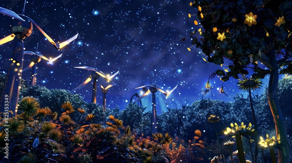 Naklejka premium A surreal landscape with bio-luminescent flowers and plants. The night sky is filled with stars and strange, glowing creatures.