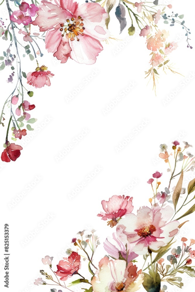 Elegant Watercolor Floral Frame with Blooming Pink Flowers and Greenery