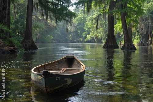 Boat Floating on River Surrounded by Trees © denklim