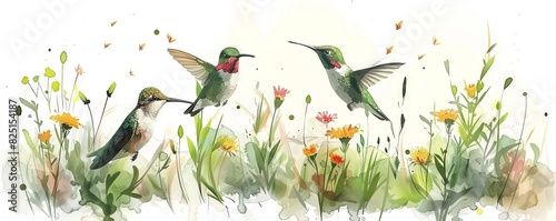 Vibrant hummingbirds depicted in a digital art and illustration painting, surrounded by colorful flowers in a captivating and artistic composition
