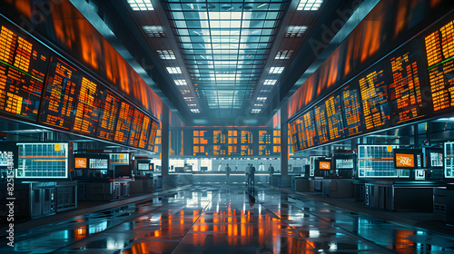 Glossy Trading Floor Action: Dynamic Shot with Vibrant Screens and High Energy Stock Market Environment photo
