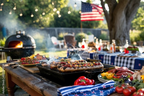 A backyard barbecue with friends and family  grill smoking with delicious food  red  white  and blue table settings  relaxed and happy atmosphere