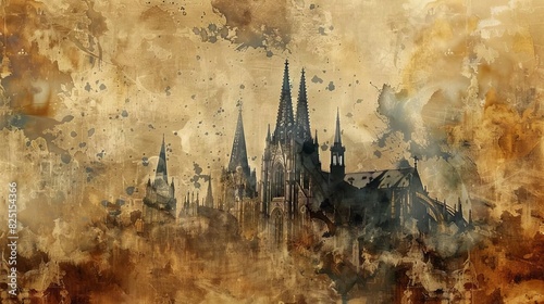 intricate gothic architecture on a vintage textured background with artistic scuffs and scratches watercolor painting photo