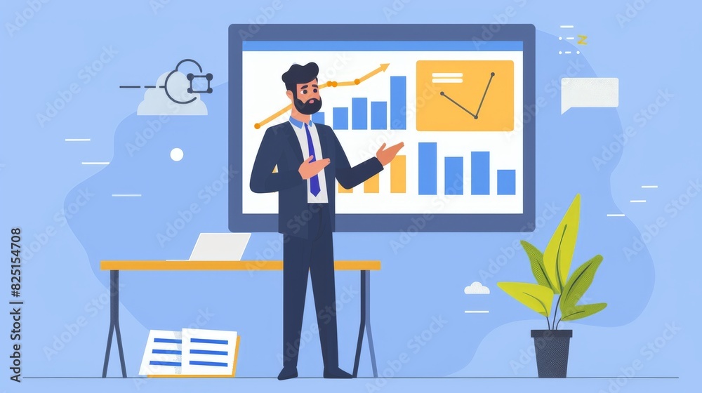 A professional leader character in a 2D flat style illustration, shown delivering a business presentation in an office environment, highlighting leadership and professional attire against a simple A professional leader character in a 2D flat style illustration, shown delivering a business presentation in an office environment, highlighting leadership and professional attire against a simple