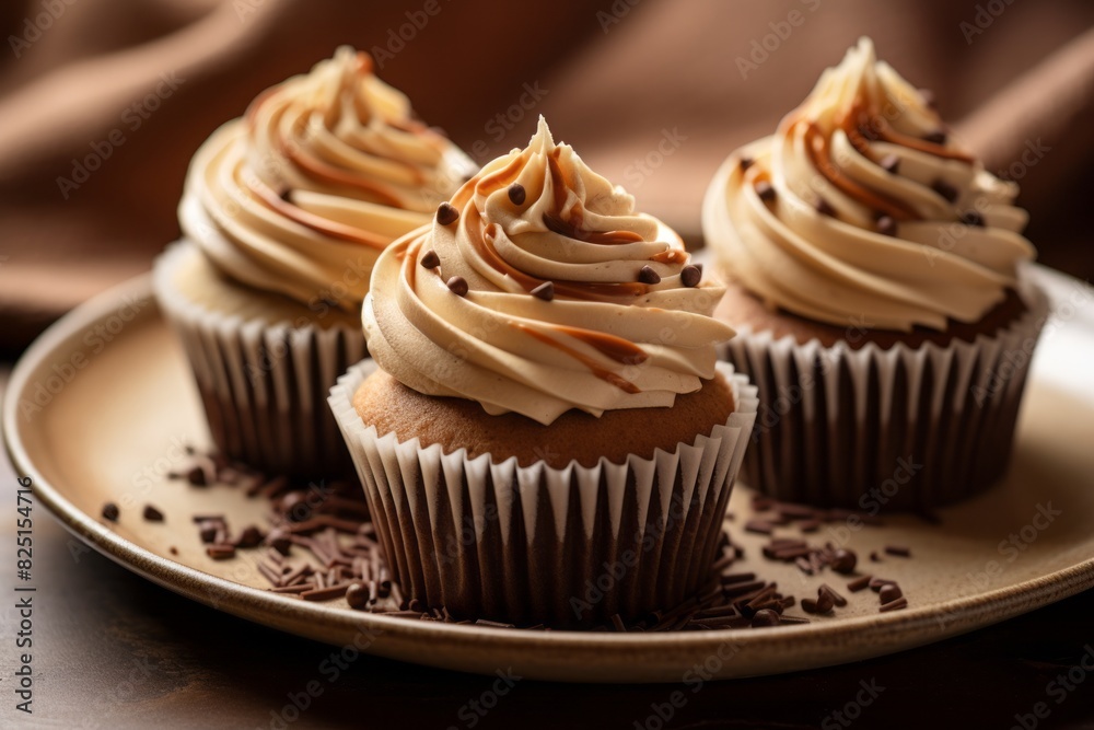 Tempting cupcakes on a rustic plate against a kraft paper background