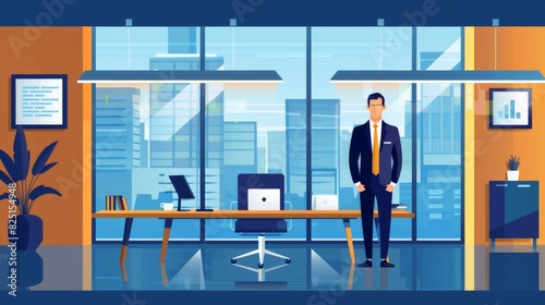 A 2D flat style illustration of a business executive making an executive decision in a boardroom setting, surrounded by minimalistic office decor, highlighting leadership roles and corporate strategy.