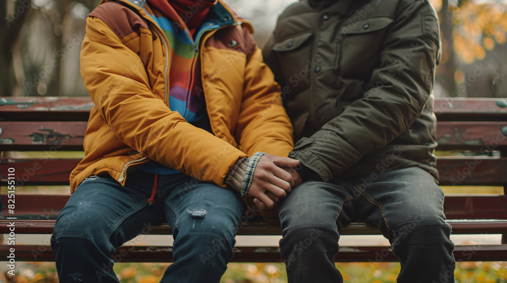 LGBTQ_couple_sitting_on_a_bench_one_partner_holding hand LGBTQ_couple_sitting_on_a_bench_one_partner_holding hand