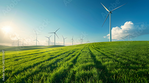 Glossy Wind Turbines in Lush Field Symbolizing Green Energy and Sustainable Solutions for the Future   Vibrant Image on Adobe Stock