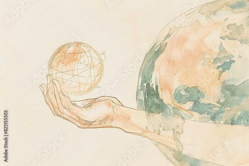 Minimalistic illustration a hand encircling a globe interconnected with wifi and data lines