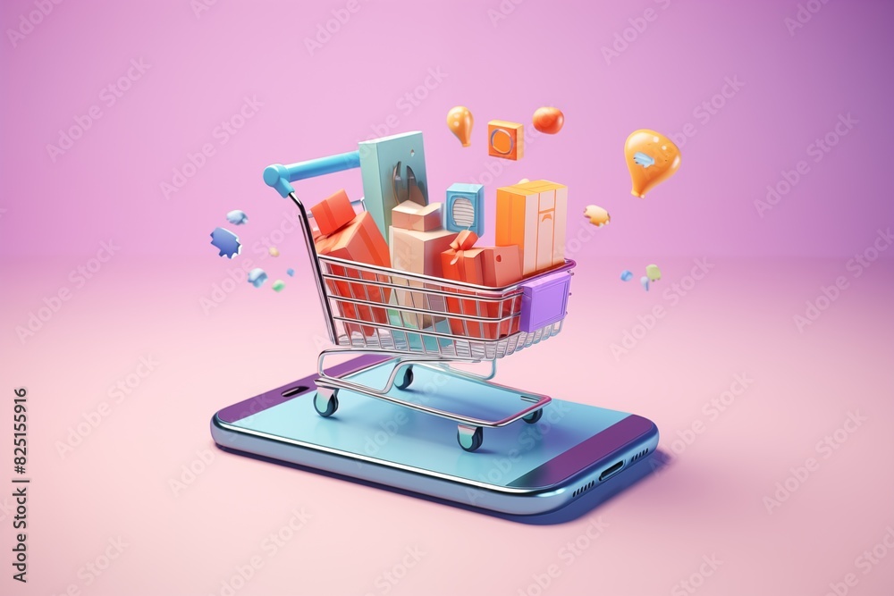 Online shopping app interface on a smartphone screen, showing a cart with new items, with digital marketing icons around, pastel background Online shopping app interface on a smartphone screen, showing a cart with new items, with digital marketing icons around, pastel background