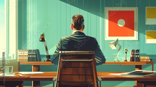 A business leader character in a 2D flat style illustration, making an executive decision in a boardroom setting, surrounded by minimalistic office elements to highlight corporate strategy. photo