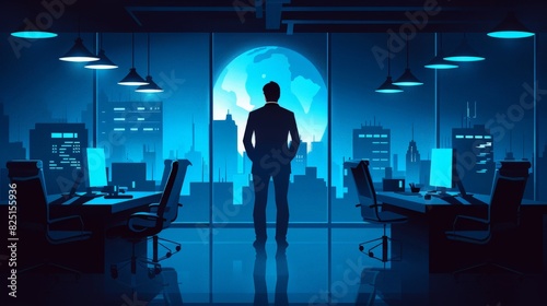 A business leader character in a 2D flat style illustration, making an executive decision in a boardroom setting, surrounded by minimalistic office elements to highlight corporate strategy. photo