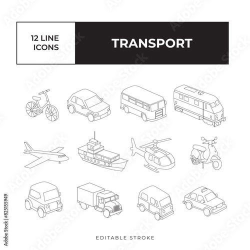 Transport line icon set vector simple, black and white vector icon bundle isometric