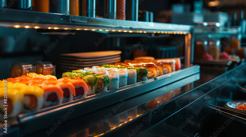 Vibrant sushi displayed at a luxury restaurant counter.