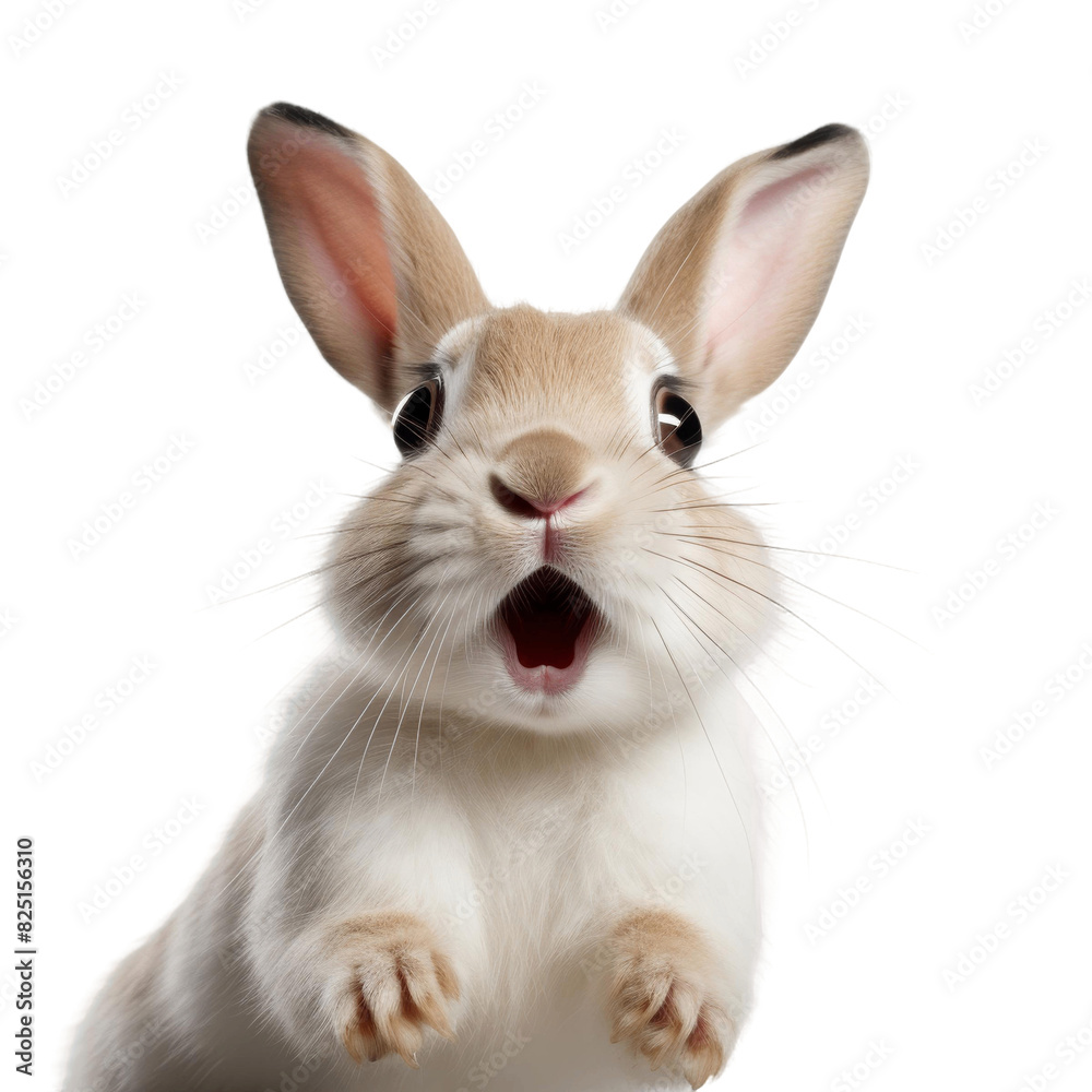 Fototapeta premium A cute rabbit with its mouth open in shock and its ears perked up