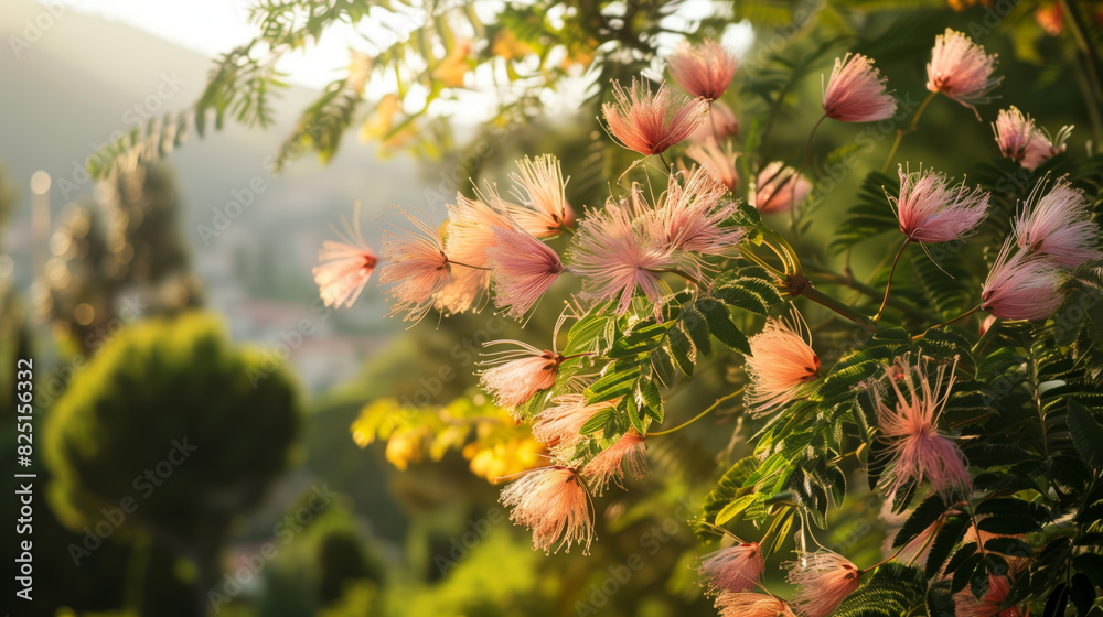 Close-up shot of Albizia julibrissin tree in a Mediterranean garden in summertime, shot at noon. Beautiful pink flowers. Close-up shot of Albizia julibrissin tree in a Mediterranean garden in summertime, shot at noon. Beautiful pink flowers.