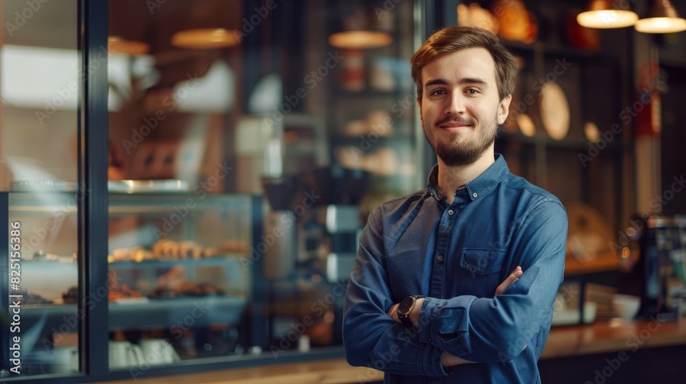 Portrait of young handsome smiling business guy wearing gray shirt and glasses, feeling confident with crossed arms,  isolated on white background