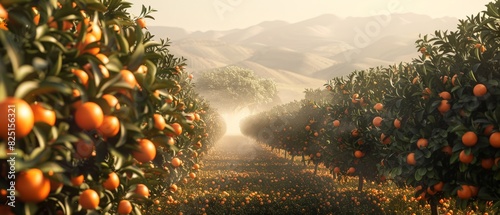 The photo shows a lush, green citrus grove with ripe fruit hanging from the trees. The sun is shining brightly, casting a warm glow over the scene.