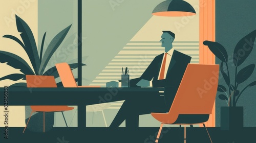 A 2D flat style illustration of an executive character in a leadership role, shown making an executive decision in a boardroom setting, with a focus on simplicity and minimalism to highlight