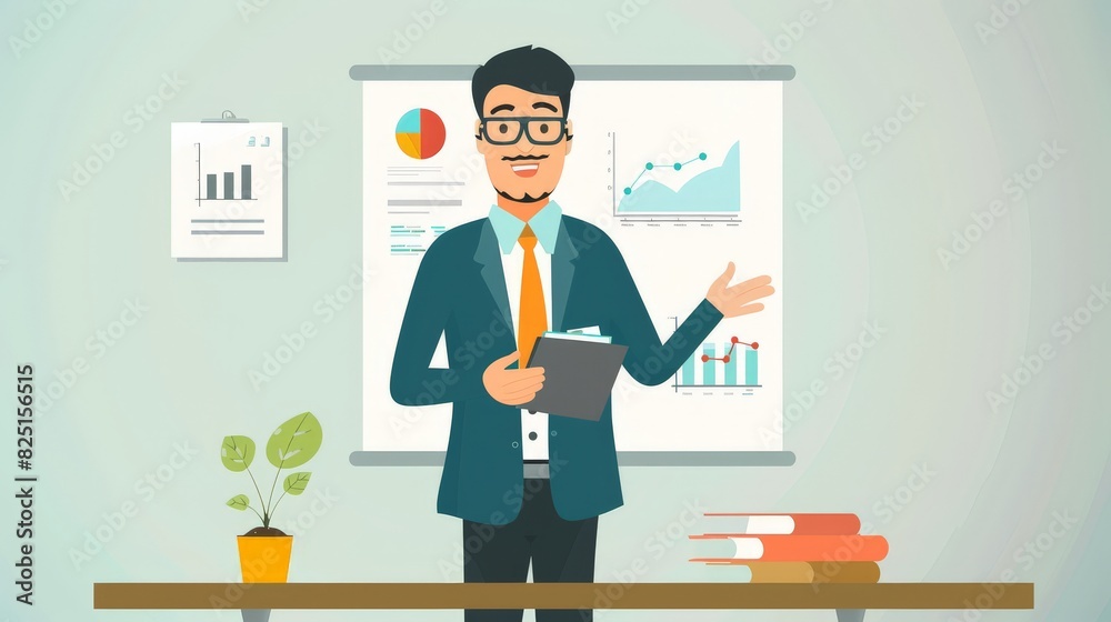 A professional leader character in a 2D flat style illustration, shown delivering a business presentation in an office environment, highlighting leadership and professional attire against a simple A professional leader character in a 2D flat style illustration, shown delivering a business presentation in an office environment, highlighting leadership and professional attire against a simple