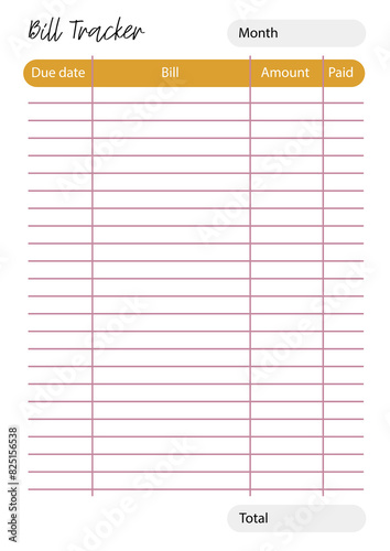 Bill tracker. planner pages templates. Organizer page, diary and daily control book. Life planners, monthly, weekly and days organizers or office schedule list. Graphic organization paper vector.
