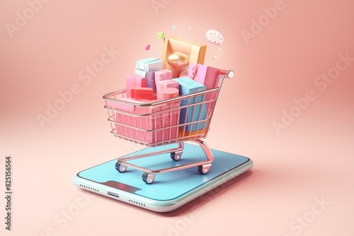 Online shopping app interface on a smartphone screen, showing a cart with new items, with digital marketing icons around, pastel background 