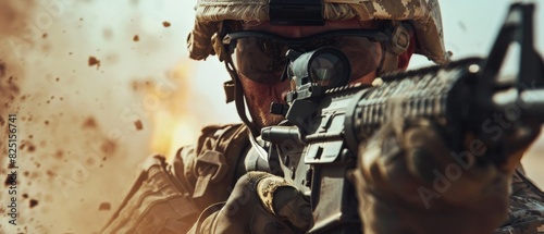 Soldier aiming his gun during battle photo