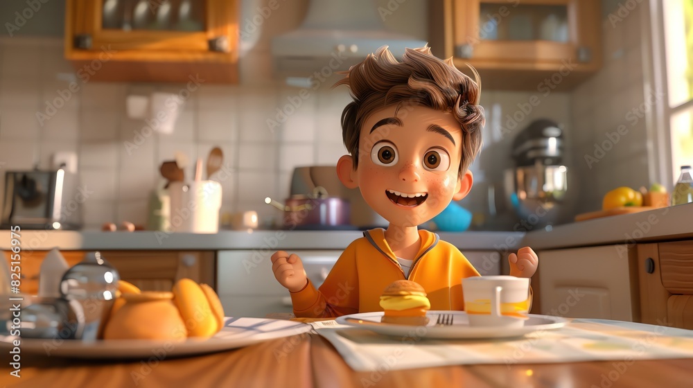 A 3D cute cartoonish boy eating breakfast at the kitchen table, with space for text