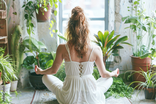 A woman practices yoga in a serene indoor garden, surrounded by lush green plants.