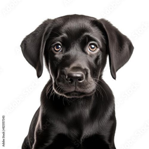 A cute black puppy dog with big brown eyes looking up at the camera with a curious expression on its face.
