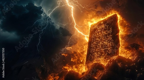moses receiving the ten commandments on mount sinai ancient stone tablets illuminated by lightning copy space photo