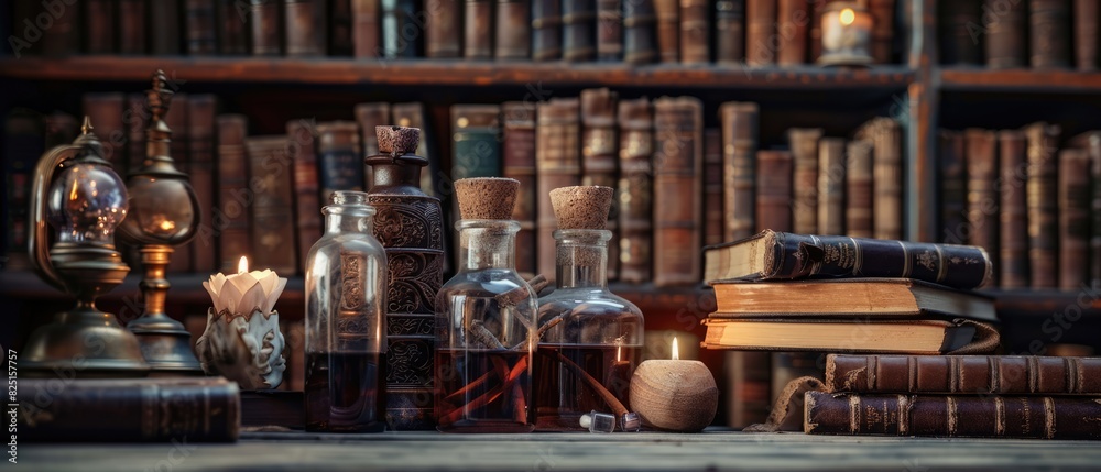 Potion bottles hidden among aged leather books in a dark library, mysterious discoveries close up, hidden magic, ethereal, Composite, ancient bookshelf Potion bottles hidden among aged leather books in a dark library, mysterious discoveries close up, hidden magic, ethereal, Composite, ancient bookshelf