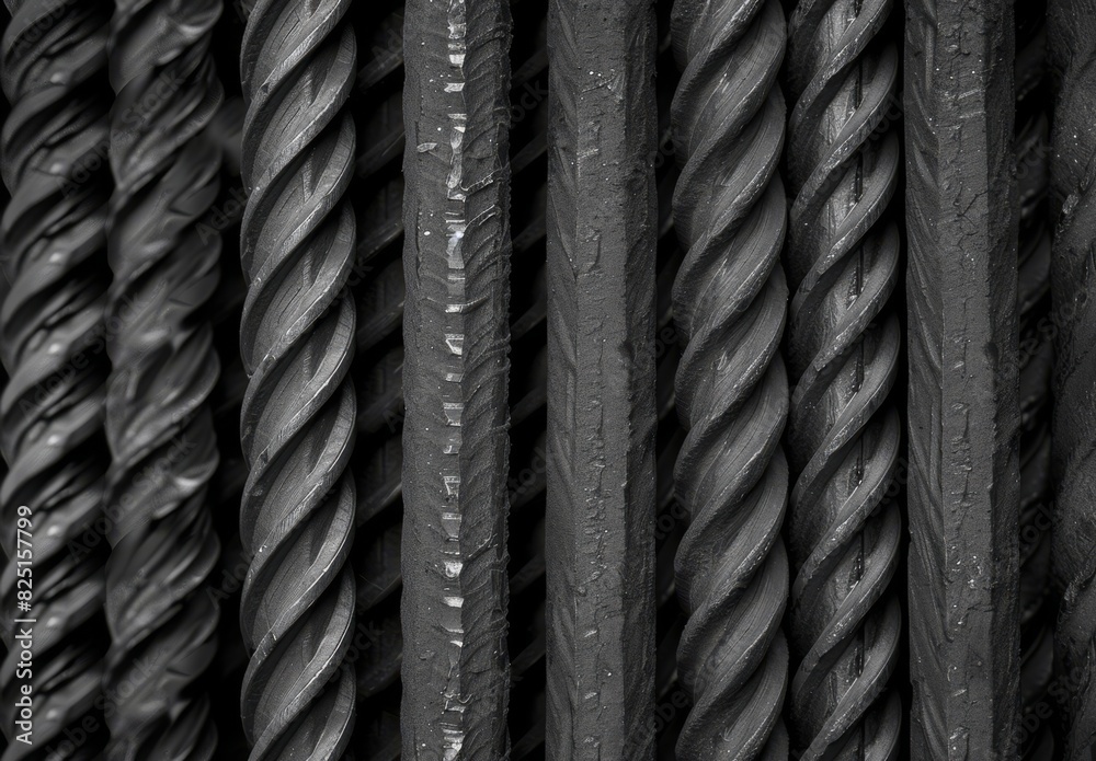Fototapeta premium Close-up texture of deformed steel bars used in reinforced concrete, showing metal details of rebar and reinforcement rods at a construction site.