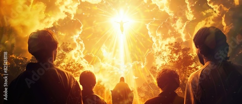 Ascension of Jesus, disciples gazing upward, divine moment close up, spiritual awe, ethereal, Double exposure, sunrise backlight photo