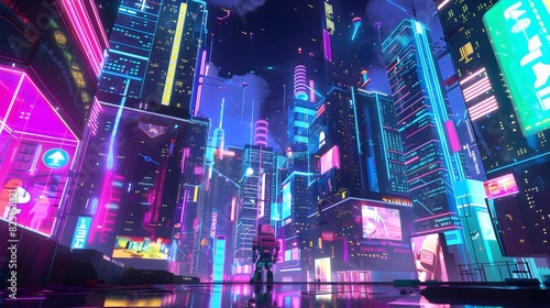 A sleek futuristic robot explores a neon-lit cyberpunk cityscape, representing advanced technology and vibrant urban life. © Janie